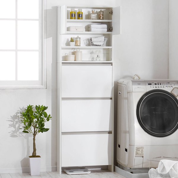 【送料無料】ランドリーラック ホワイト 幅60cm フラップ扉 スリム 薄型 ランドリーチェスト 洗面所収納 ランドリー収納 完成品
