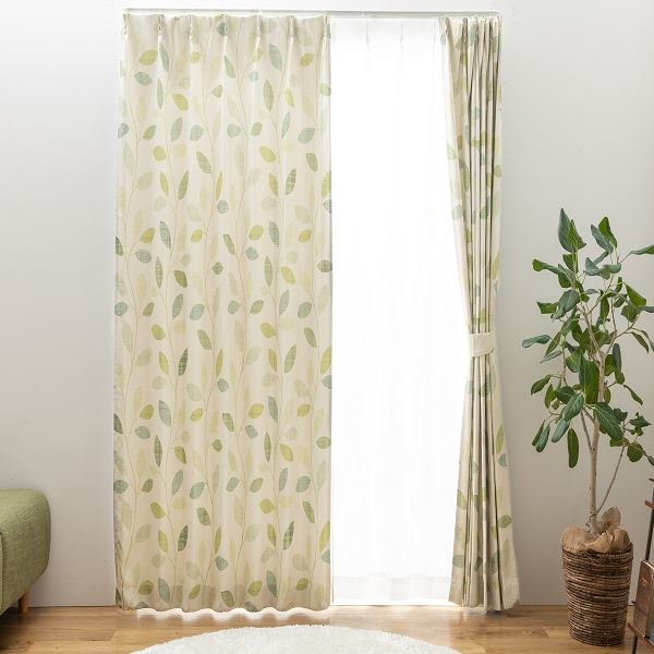 【送料無料】日本製 カーテン ドレープカーテン 遮光 3級遮光 洗える シンプル リーフ ナチュラル カジュアル タッセル付き ウォッシャブル 【幅200cm 長さ245 cm 1枚 グリーン】