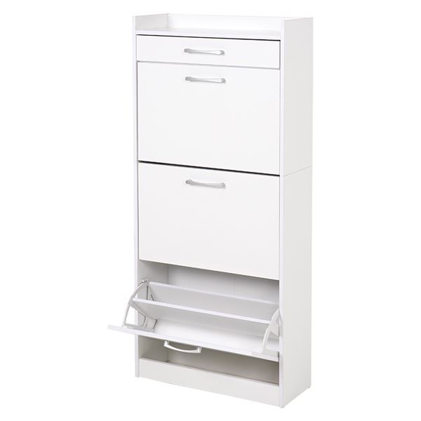 【送料無料】シューズラック 下駄箱 約幅62×奥行24×高さ136.5cm ホワイト フラップ式扉 引き出し付き ..