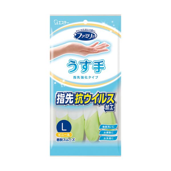 【送料無料】（まとめ） エステー ファミリー ビニールうす手 指先強化手袋 グリーン L 1双 【×10セット】