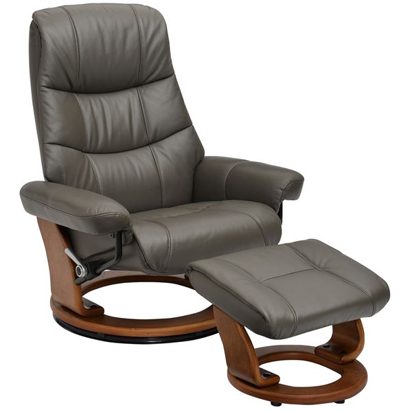 パーソナルチェア リクライニングチェア 幅82cm 1人掛け 本革 360度回転 リクライニング 肘付き 木製脚 オットマン グレー GY 組立品【代引不可】