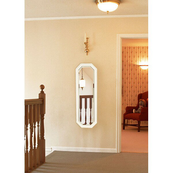 レトロ調 ウォールミラー/姿見鏡 【パールホワイト】 幅40cm×奥行3cm×高さ120cm 飛散防止加工 吊り紐 金具付き 日本製【代引不可】