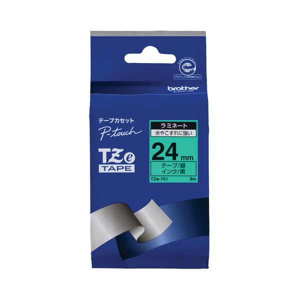 （まとめ） ブラザー BROTHER ピータッチ TZeテープ ラミネートテープ 24mm 緑／黒文字 TZE-751 1個 【..