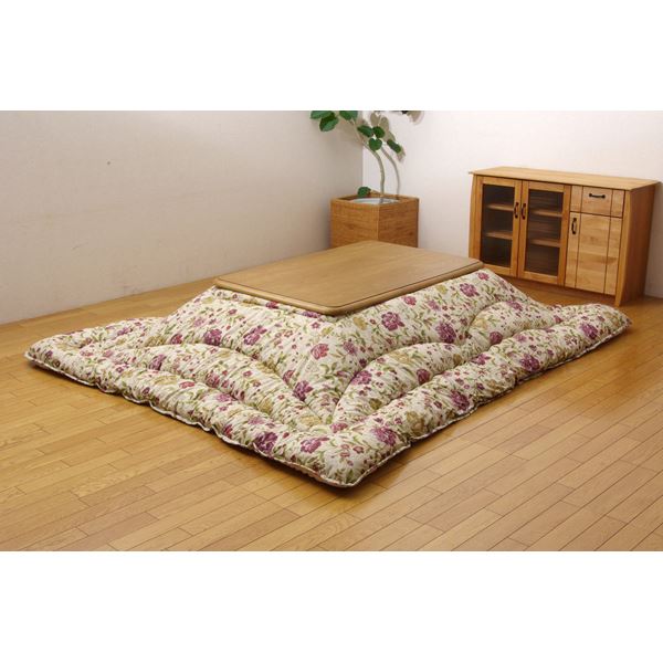 こたつ布団/厚掛け布団 【単品 花柄 ベージュ 205×285cm】 裏地フランネル 表地綿100% 日本製 国内プリント 〔リビング〕【代引不可】