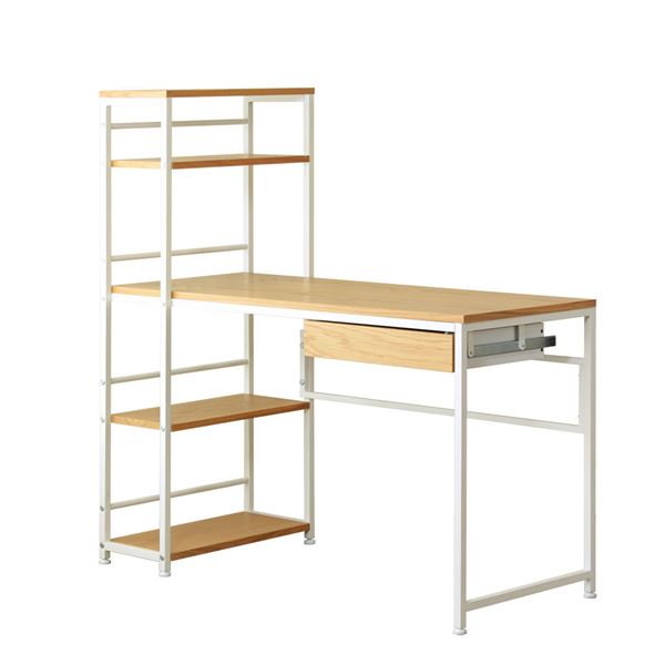収納ラック付きパソコンデスク/ワークデスク 【オークナチュラル】 幅120.5cm 引出し付き 【組立品】【..