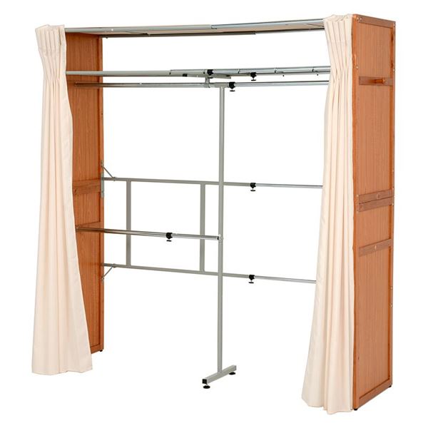 【送料無料】伸縮式 クローゼット/衣類収納 【幅115～195cm×高さ194cm ナチュラル】 木製 スチール 洗えるカーテン付き【代引不可】