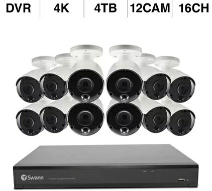 Swann 16CH 4K DVRシステム 4TB 投光器 バレット型 カメラ12台 セキュリティ 防犯 監視 カメラ 施設 商業 店舗 工場 有線 超高画質 熱感知 赤外線暗視 SWDVK-1656812