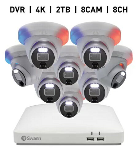 Swann 8CH 4K DVRシステム 2TB Enforcer ドーム型 カメラ8台 セキュリティ 防犯 監視 カメラ 施設 商業 店舗 工場 有線 点滅ライト カラー暗視機能 熱感知 SWDVK-856808DE　Enforcer Dome Camerax