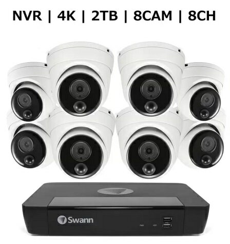 Swann 8CH 4K NVRシステム 2TB 4K 顔認識 ドームカメラ 8台セット 防犯 監視 カメラ 赤外線暗視機能 熱感知 センサー 警告 防水 会社 オフィス 工場 施設 SWNVK-886808D 2TB HDD and 4K Facial Recognition Dome Cameras