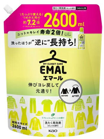 【2600ml】 エマール リフレッシュグリーン おしゃれ着用洗濯洗剤 2600ml 洗濯用 洗剤洗たく用洗剤 液体洗濯洗剤 伸び 毛玉 シワ 色あせ 縮み 汗...