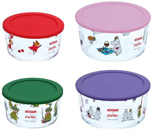 【4個セット】パイレックス ムーミン ガラス 食品 保存容器 Moomin オーブン 電子レンジ使用可 密閉蓋 作り置き 冷蔵庫