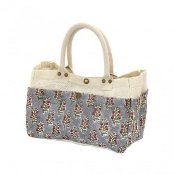 Tote Bag Type - ブロックプリントジュート6ポケットバッグ グレー×レッドフラワー 15625750539