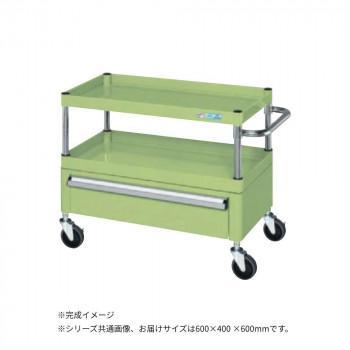 棚板を逆さにするだけで、皿型・フラット型と組み替えることができます。静粛性・始動性に優れるサイレントエラストマー車を採用。収納に便利な引出し付です。※配達希望日の明記は可能ですが、確約ではございません。※この商品は5個口での出荷になります。(目安個装サイズ:110×530×45mm:2.05kg/260×210×85mm:2.15kg/420×640×105mm:7.95kg/145×410×60mm:0.7kg/455×645×18512.45kg)※お届けは車上渡しとなります。※搬入場所の状況等によって搬入制限や追加料金が生じる場合があります。※法人への配送の場合は、必ず法人名をご記載ください。内容量※この商品は5個口での出荷になります。(目安個装サイズ:110×530×45mm:2.05kg/260×210×85mm:2.15kg/420×640×105mm:7.95kg/145×410×60mm:0.7kg/455×645×18512.45kg)サイズ個装サイズ：11×53×5cm重量個装重量：2050g仕様外寸:W600×D400×H600mm均等耐荷重:130kg本体色:グリーン質量:22kgキャスター:100φサイレントエラストマー車段数:2支柱:クロムメッキ25.4φ引出し:深引出し(有効内寸法W478×D318×H143mm)1段改正RoHS10物質対応組立式生産国日本fk094igrjs