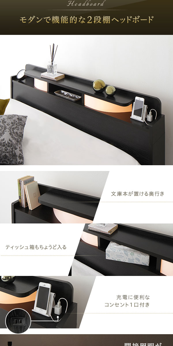 ベッドシングル海外製ポケットコイルマットレス付き片面仕様ブラック収納付き棚付きコンセント付き木製日本製フレーム