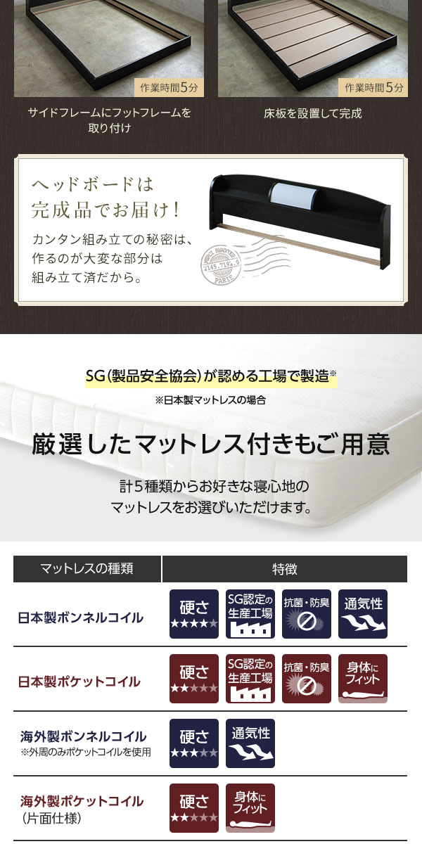 照明付き宮付き国産フロアベッドシングル(ボンネルコイルマットレス付き)ブラウン『illume』イリューム日本製ベッドフレーム【代引不可】