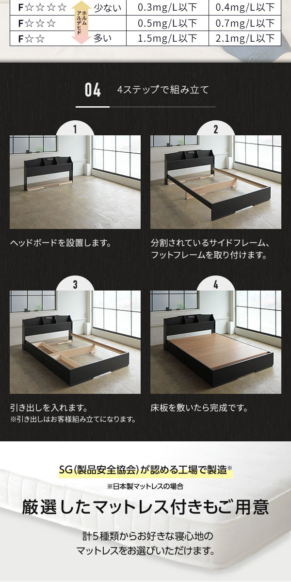 ベッドシングル海外製ポケットコイルマットレス付き片面仕様ブラック引き出し付き照明付き棚付き日本製木製STELAステラ