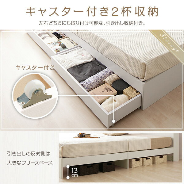 ベッド収納付き引き出し付き木製カントリー棚付き宮付きコンセント付きシンプルモダンホワイトシングルボンネルコイルマットレス付き