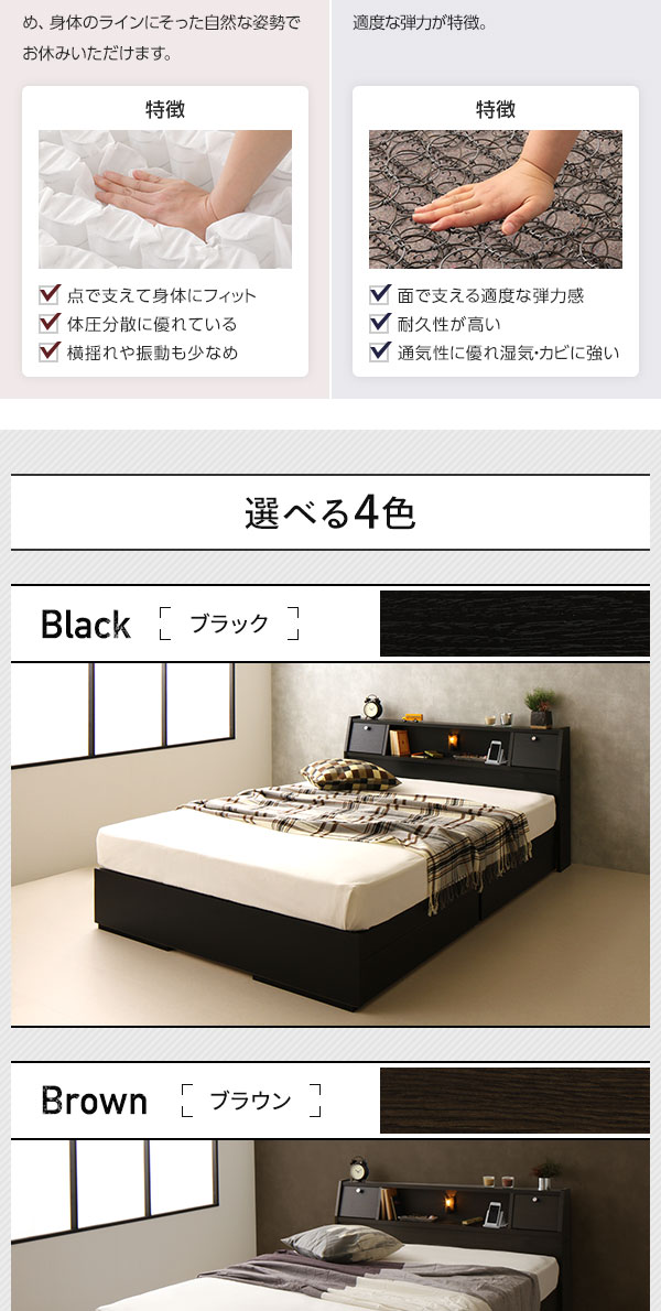 ベッド日本製収納付き引き出し付き木製照明付き棚付き宮付きコンセント付きシングル海外製ボンネルコイルマットレス付き『AJITO』アジットブラック