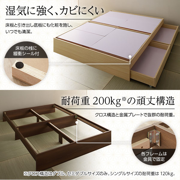 ベッド収納付き連結引き出し付きキャスター付き木製ヘッドレスシンプル和モダンブラウンシングルポケットコイルマットレス付き