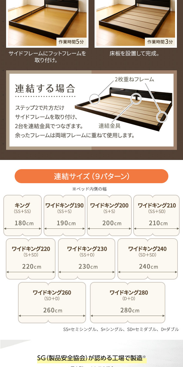日本製フロアベッド照明付き連結ベッドシングル(ボンネルコイルマットレス付き)『Tonarine』トナリネブラウン【代引不可】
