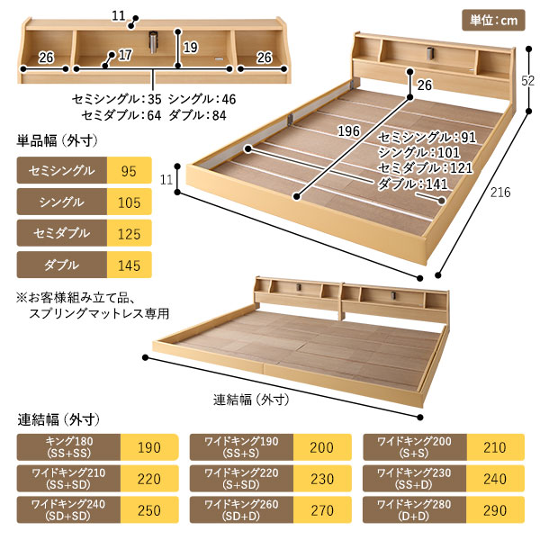 ベッド日本製低床連結ロータイプ木製照明付き棚付きコンセント付きシンプルモダンホワイトシングル海外製ボンネルコイルマットレス付き【代引不可】
