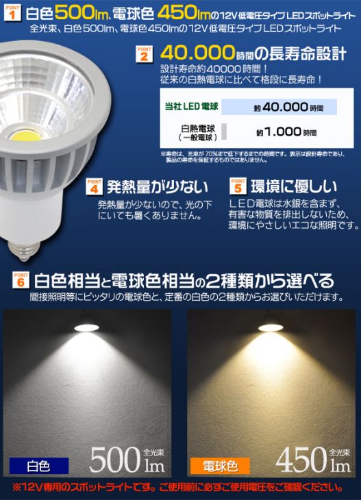 ＜LED電球・蛍光灯＞12V低電圧タイプLEDスポットライト　口金EZ10　白色/電球色 電球色1点【led134】