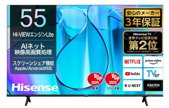 Hisenseハイセンス 55型 4K液晶テレビ 55E6N 大画面 高画質 スマートテレビ 薄型 省エネ リビング 映画鑑賞 ゲーミング