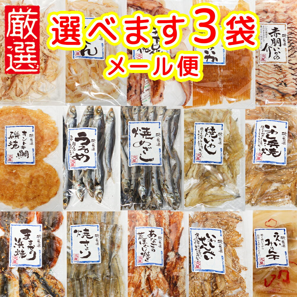 厳選おつまみ 選べます3袋セット 磯の百選品 送料無料 ポスト便 おつまみ おやつ 朝食の友 干物 宴会 福山市文屋 珍味