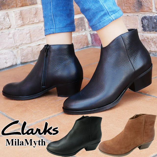 クラークス ＼最大5%クーポン有 5/16 1:59迄／クラークス Clarks レディース ショートブーツ ミラ マイス アンクルブーツ カジュアルシューズ 本革 チャンキーヒール 靴 ブラック 黒 タンスエード 460G 送料無料 あす楽 evid