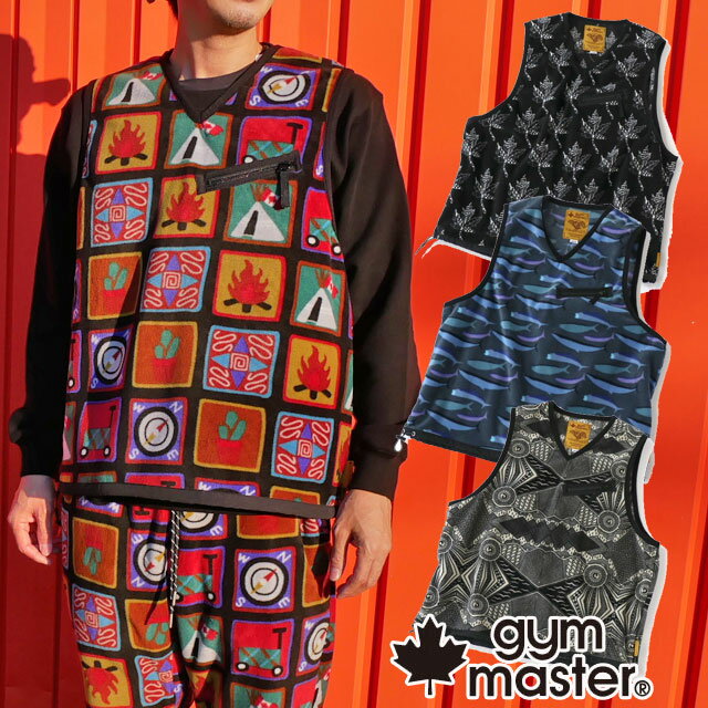 ジムマスター gymmaster メンズ レディース トップス 総柄フリースベスト カットソー アパレル アウター Vネック チョッキ 服 上着 アウトドア G...
