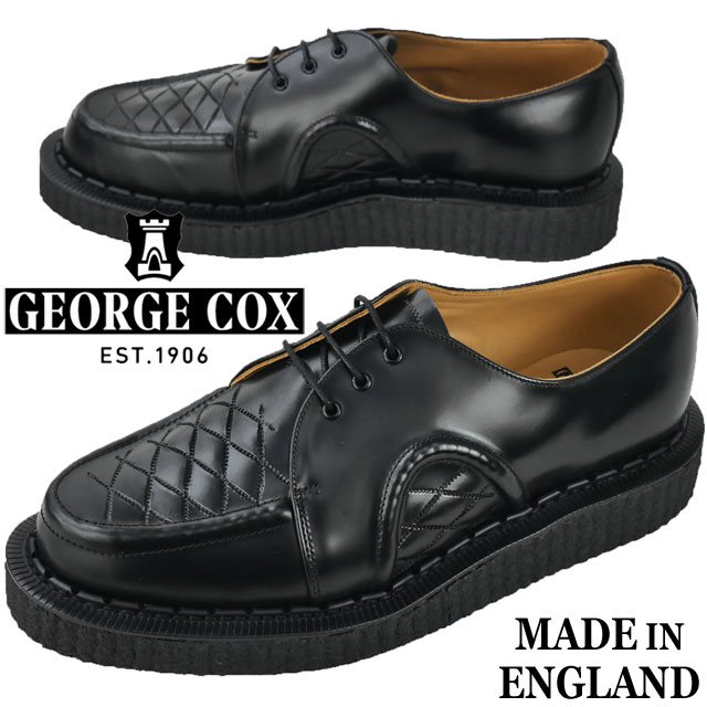 ■商品説明 ジョージコックス GEORGE　COX メンズ ラバーソール 040(BLACK)ジョージコックス社は、1906年、創業者ジョージ・ジェイムス・コックスによってイギリスノーザンプトンに設立されました。名立たるパンクスやロックミュージシャン、デザイナー達に愛用されながら、様々な時代背景のなかでカルチャーを彩ったヒストリカルなブランド、George Cox（ジョージコックス）は、今もなお、若者の心を魅了して離しません。DACEに良く似たモデル「DAB」。GEORGE COX(ジョージコックス)のラバーソールといえばこの分厚いクレープソール。分厚いソールは、他の靴には無いインパクトと、独特な重量感があります。ソールの高さ：約3cm【検索用キーワード】26cm 26.0cm 27cm 27.0cm 28cm 28.0cm26センチ 26.0センチ 27センチ 27.0センチ 28センチ 28.0センチ26cm 26．0cm 27cm 27．0cm 28cm 28．0cm26センチ 26．0センチ 27センチ 27．0センチ 28センチ 28．0センチタウンユース 街履き ギフト プレゼント 贈り物 誕生日 バースデー クリスマス バレンタイン ホワイトデー紐靴 ひも靴 パンク パンキッシュ クロ ブラック 黒 お出掛け 英国製 ブリティッシュロック クリーパーズ ■サイズ選びにお悩みの方　サイズ目安 こちらの靴の場合 　UK8(約27.0cm)が丁度いいサイズでした。 ■サイズ目安について■ 目安として当店スタッフが着用した感じでの値です。 足のサイズが同じでも、骨格や肉付きで 最適な靴サイズが異なったり、『丁度良い』と感じるサイズに 個人差があるためあくまでも目安としてご利用ください。 ■素材 アッパー：スムースレザー ソール：ラバーソール ■商品カテゴリ GEORGE　COX　ジョージコックス はこちら メンズ カジュアル はこちら メーカー希望小売価格はメーカーカタログに基づいて掲載しています QQQQC　　「HU」ジョージコックス GEORGE　COX ジョージコックス社は、1906年、創業者ジョージ・ジェイムス・コックスによって イギリスノーザンプトンに設立されました。 名立たるパンクスやロックミュージシャン、デザイナー達に愛用されながら、 様々な時代背景のなかでカルチャーを彩ったヒストリカルなブランド、 George Cox（ジョージコックス）は、今もなお、若者の心を魅了して離しません。 DACEに良く似たモデル「DAB」。 GEORGE COX(ジョージコックス)のラバーソールといえばこの分厚いクレープソール。 分厚いソールは、他の靴には無いインパクトと、独特な重量感があります。 ■商品カテゴリ GEORGE　COX　ジョージコックス はこちら メンズ カジュアル はこちら