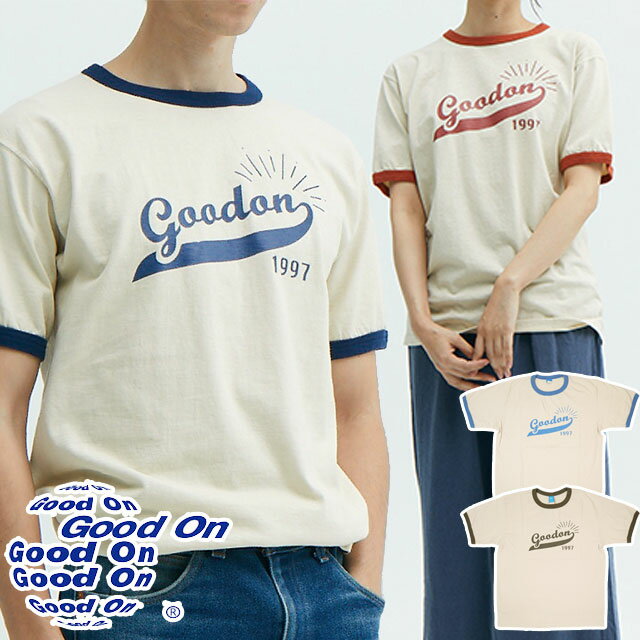 \ポイント7倍 12/1迄/グッドオン Tシャツ メンズ スクリプトロゴショートスリーブリンガーTシャツ 半袖 レディース トップス 丸首 綿100% クルーネ...