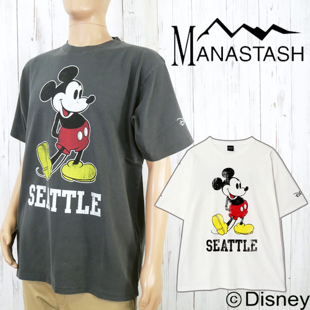 ＼5時間限定!最大10%クーポン有／マナスタッシュ プリントTシャツ メンズ 7925234010 MICKEY TEE SEATTLE レディース トップス ミッキー カジュアル コラボ アウトドア キャンプ ディズニー 半袖 お揃い 綿100％ 白 黒 最強翌日配送 メール便送料無料 evid