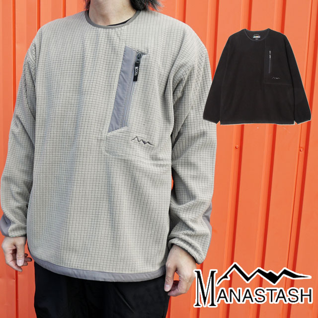 ＼5時間限定!最大10%クーポン有／マナスタッシュ トップス グリッド フリース クルー 長袖 メンズ プルオーバー 防寒 アウトドア アパレル 保温 丸首 リラックスフィット ウェア 792-5230001 010 ブラック 黒 020 グレー 服 送料無料 最強翌日配送 evid