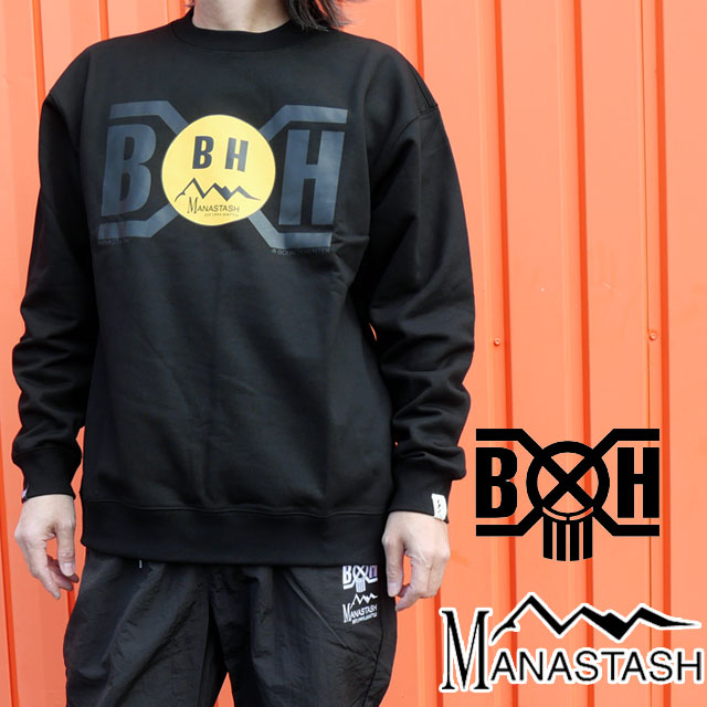 ＼5時間限定!最大10%クーポン有／マナスタッシュ バウンティーハンター スウェットシャツ コラボモデル トップス メンズ 長袖 トレーナー コットン100％ キャンプ アウトドア アパレル 丸首 ウェア 792-5232006 010 ブラック 黒 服 送料無料 最強翌日配送 evid