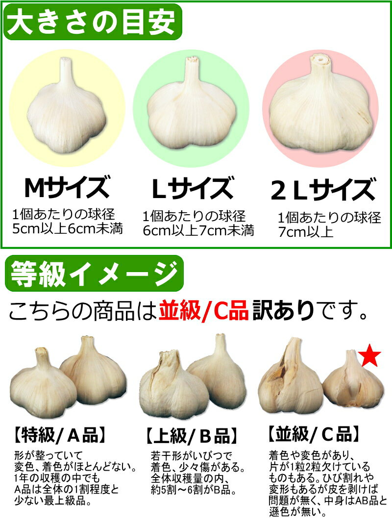 あす楽 にんにく 青森 1kg Mサイズ厳選【5キロ以上送料無料】国産 にんにく 訳ありMサイズ 並級C品国産トップブランド青森『厳選』にんにく【にんにく 青森】福地ホワイト六片 中国産と比べて2580円 3