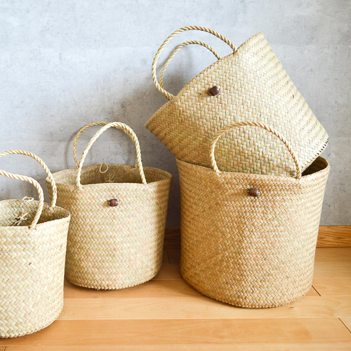 ストレージバッグ かごバッグ S/M/L/XLサイズ カチュー 水草 円筒型 2WAY 留め具付き 手編み タイ製