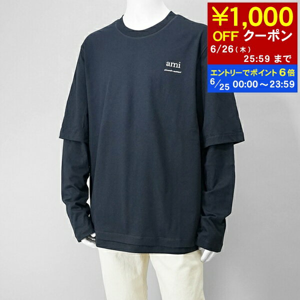 楽天ワールドクラブ 1989【6/25限定！ポイント6倍】 アミ AMI メンズ 長袖Tシャツ HTS248 JE0119 BLEU MARINE ネイビー 4011 AMI Paris アミパリス Alexandre Mattiussi ロンT カットソー クルーネック 長袖 ワンポイント ロゴ プリント レイヤード オーバーサイズ 【2025春夏新作】