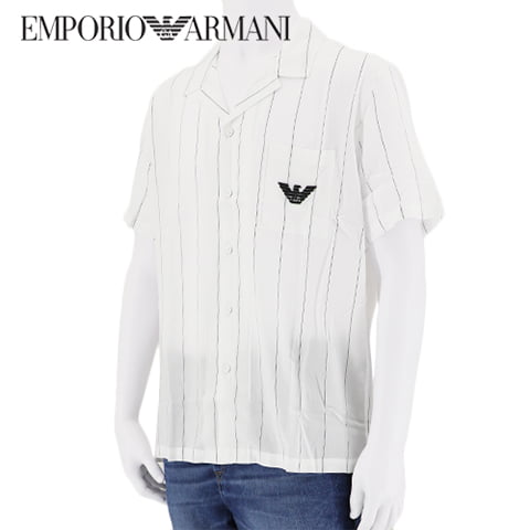 エンポリオアルマーニ EMPORIO ARMANI メンズ シャツ 211846 2R466 WHITE PINSTRIPE ホワイト 69810 半袖シャツ SWIM WEAR スイムウェアライン ストライプ ロゴ 刺繍 刺しゅう 【プレミアムSTOCK-22SS】