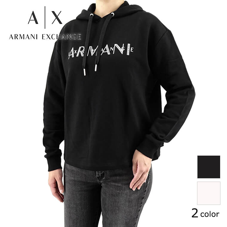 アルマーニ エクスチェンジ ARMANI EXCHANGE レディース パーカー 6RYM95 YJDBZ BLACK ブラック 1200 ISO アイボリー 1130 フーディー プルオーバー 長袖 ロゴ ラインストーン オーバーサイズ ビッグシルエット 