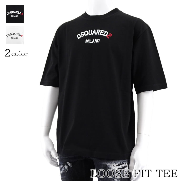 【5/18限定！2人に1人が当選★エントリーで最大100％ポイントバック】 ディースクエアード DSQUARED2 メンズ Tシャツ LOOSE FIT TEE S74GD1268 S23009 ブラック 900 ホワイト 100 ルース フィット ティー 半袖 クルーネック プリント ロゴ 【2024春夏新作】