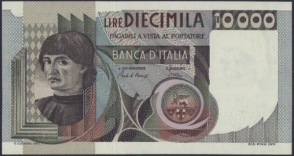 【紙幣】イタリア 10000 Lira 画家アンドレア・デル・カスターニョ 1976年