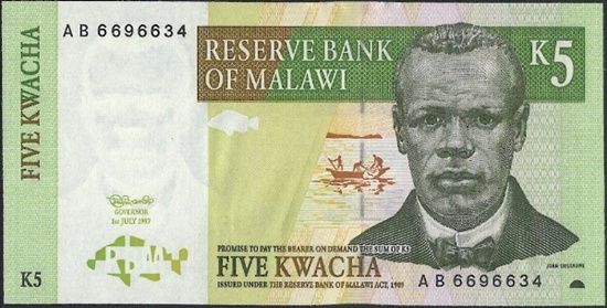 【紙幣】マラウィ 5 kwacha 独立活動家ジョン・ンコロゴ・チレンブウェ 1997-2005年