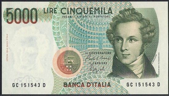 【紙幣】イタリア 5000 lira 作曲家ヴィンチェンツォ ベッリーニ 1985-1996年