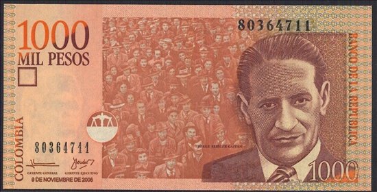 【紙幣】コロンビア 1000 pesos 人民党党首でカリスマ的な指導者ホルヘ・エリエセル・ガイタン 2006-2015年