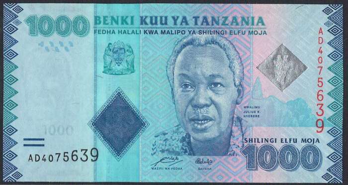 タンザニア発行の 1,000 shillings 紙幣です ・発行国：タンザニア ・発行年：2010-2011年 ・サイズ：縦 66mm × 横 126mm ・商品状態：【UNC】未使用または新品（世界基準での未使用状態）です実際にお送りする商品は画像のものとは紙幣番号およびサインが異なる場合があります。 商品の状態は画像のものと同じです。