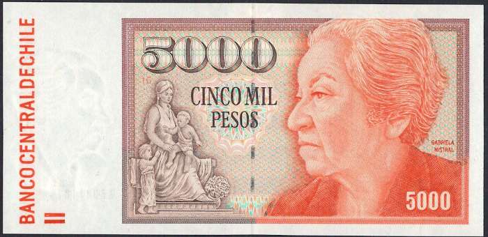 チリ 発行の 5000 pesos 紙幣です ・発行国：チリ ・発行年：2008年 ・サイズ：縦 70mm × 横 145mm ・商品状態：【UNC】未使用または新品（世界基準での未使用状態）です実際にお送りする商品は画像のものとは紙幣番号およびサインが異なる場合があります。 商品の状態は画像のものと同じです。