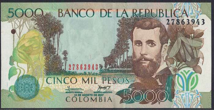 【紙幣】コロンビア 5,000 pesos 詩人ホセ・アスンシオン・シルバ 2007-2013年