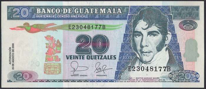 【紙幣】グァテマラ 20 quetzal 州統領マリアーノ・ガルベス 2006-2011年