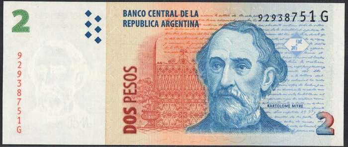 【紙幣】アルゼンチン 2 pesos バルトロメ・ミトレ大統領 1997-2002年